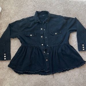 Vici Collection. Black Peplum Distressed Jean Jacket. Size Medium
